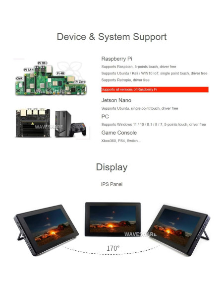 Monitor LCD Táctil 7" Waveshare para Raspberry Pi 0.49 kg