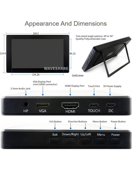 Monitor LCD Táctil 7" Waveshare para Raspberry Pi 0.49 kg
