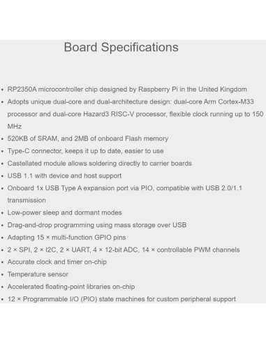 Placa de Desarrollo Mini USB Waveshare RP2350 - 150MHz, 2MB Flash
