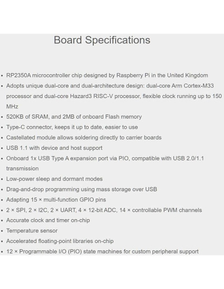 Placa de Desarrollo Mini USB Waveshare RP2350 - 150MHz, 2MB Flash