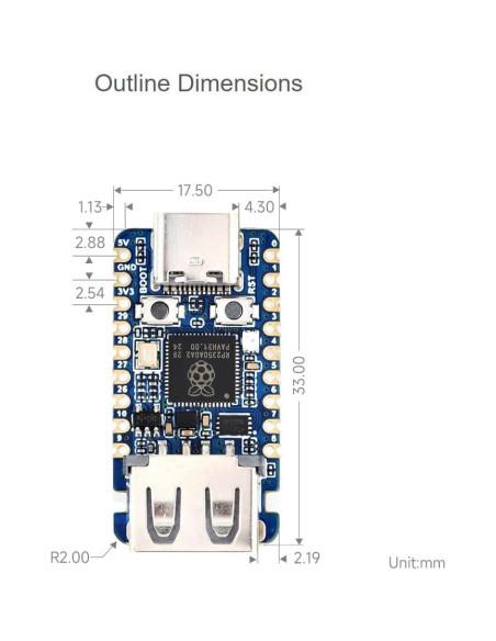 Placa de Desarrollo Mini USB Waveshare RP2350 - 150MHz, 2MB Flash
