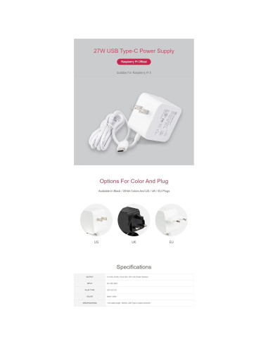 Fuente de Alimentación Oficial 27W USB Tipo-C Raspberry Pi 5 Blanca
