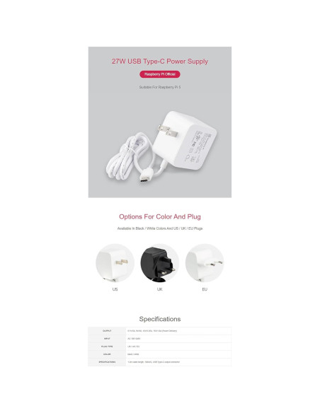 Fuente de Alimentación Oficial 27W USB Tipo-C Raspberry Pi 5 Blanca