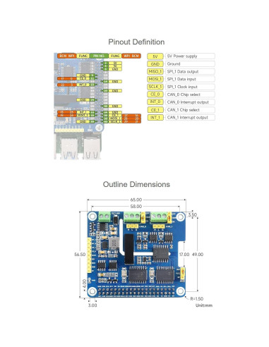 HAT de Expansión CAN Aislado 2 Canales Iiunius para Raspberry Pi