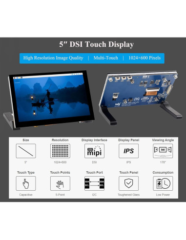 Monitor DSI 5" UeeKKoo Táctil Capacitivo 1024x600 IPS