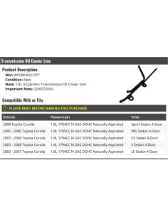 Línea enfriador aceite transmisión Toyota Corolla 1.8L 2003-2008 2