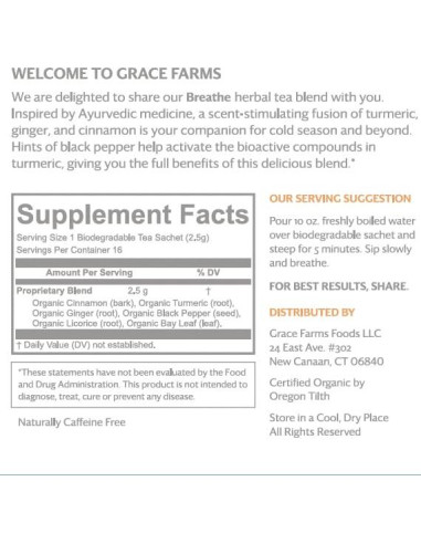 Té Orgánico BREATHE Wellness Grace Farms - Cúrcuma y Jengibre 16 Bolsitas