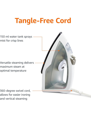 Plancha de Vapor Amazon Basics 1200W Suela Teflón 150ml Gris