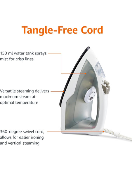 Plancha de Vapor Amazon Basics 1200W Suela Teflón 150ml Gris