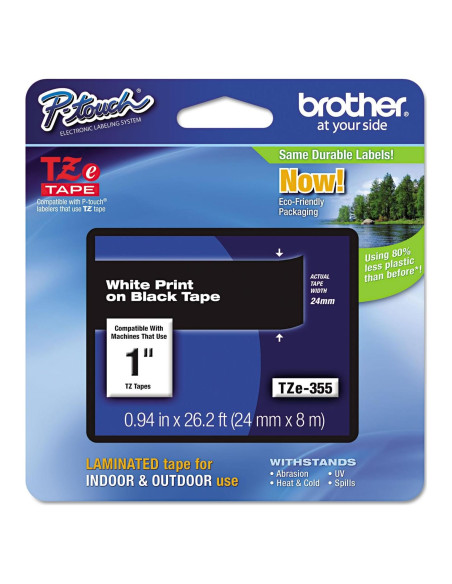 Cinta de Etiqueta Laminada Brother TZE-355 24mm x 8m Blanca sobre Negro