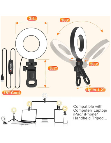 Luz de Anillo LED Mojimdo 3.5" Regulable con Temporizador