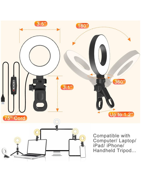 Luz de Anillo LED Mojimdo 3.5" Regulable con Temporizador