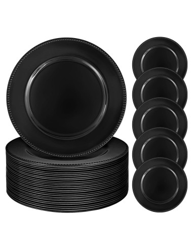 24 Platos Cargadores Negros con Perlas REWOMC 33 cm Decorativos