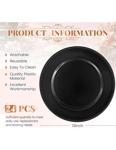 24 Platos Cargadores Negros con Perlas REWOMC 33 cm Decorativos