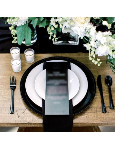 24 Platos Cargadores Negros con Perlas REWOMC 33 cm Decorativos