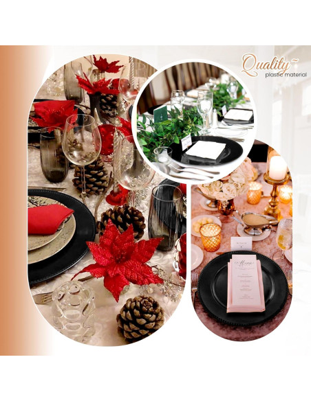 24 Platos Cargadores Negros con Perlas REWOMC 33 cm Decorativos