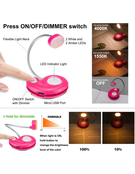 Luz de Lectura LED Recargable LUXSWAY Magenta con Clip