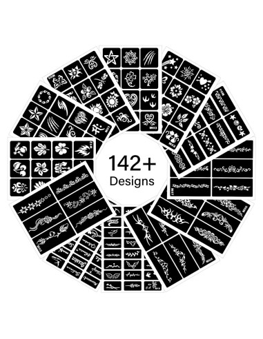 12 Plantillas de Tatuajes Temporales RAZET - Henna Reutilizables