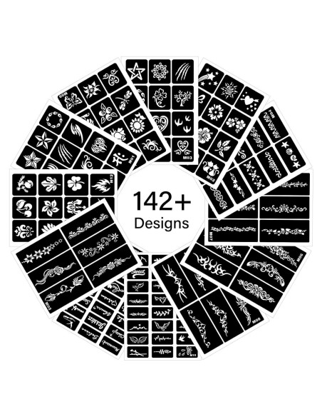 12 Plantillas de Tatuajes Temporales RAZET - Henna Reutilizables