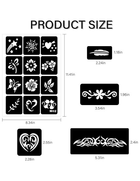 12 Plantillas de Tatuajes Temporales RAZET - Henna Reutilizables