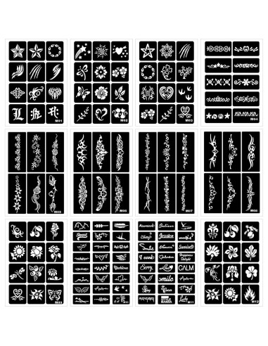 12 Plantillas de Tatuajes Temporales RAZET - Henna Reutilizables