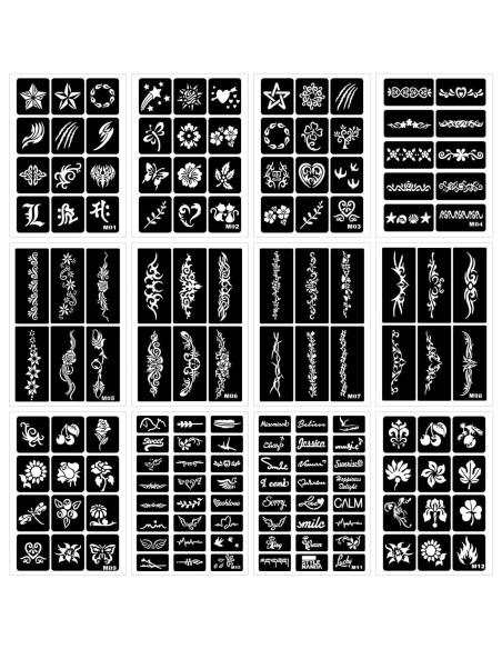 12 Plantillas de Tatuajes Temporales RAZET - Henna Reutilizables