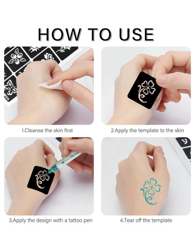 12 Plantillas de Tatuajes Temporales RAZET - Henna Reutilizables