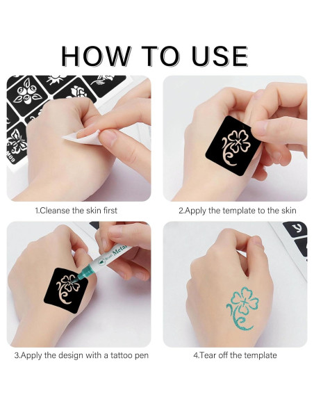 12 Plantillas de Tatuajes Temporales RAZET - Henna Reutilizables