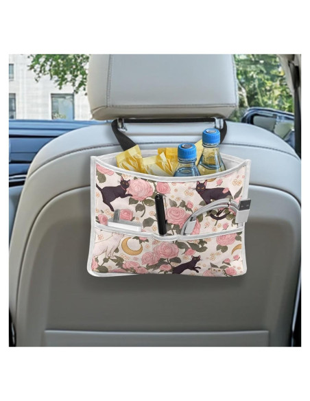 Organizador de Asiento de Coche Tomeusey Gato Negro Floral Rosa