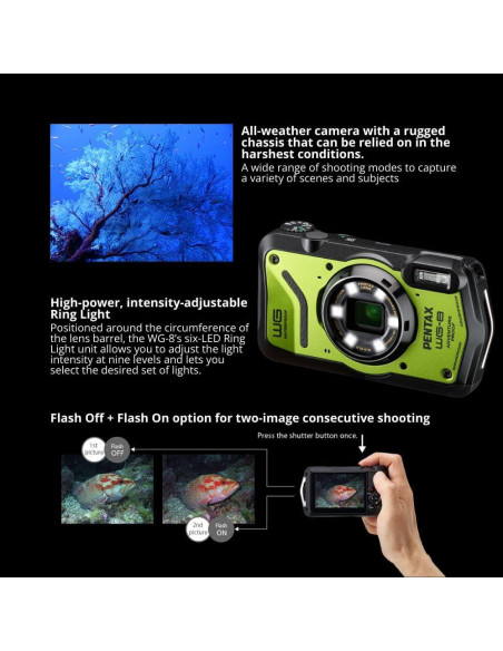 Cámara Pentax WG-8 Todo Clima 20MP Zoom 5x + Bolsa y Tarjeta 64GB