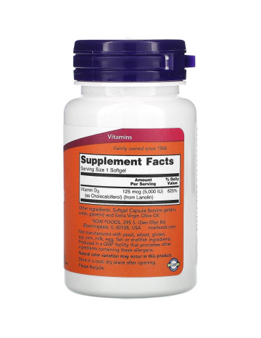 Vitamina D-3 5000 UI Now Foods 120 Gelatinas Blandas Alta Potencia