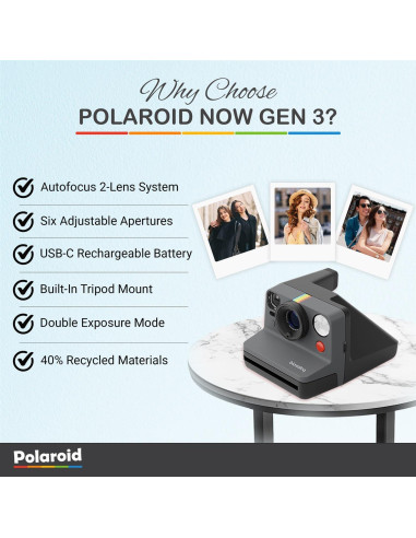 Cámara Instantánea Polaroid Now Gen 3 I-Type Negro + Película 8 Exposiciones