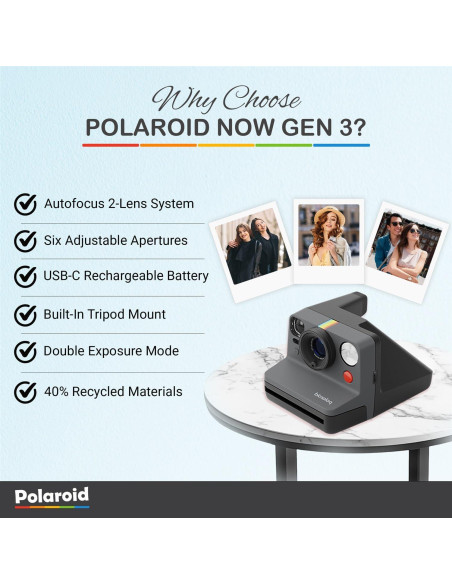 Cámara Instantánea Polaroid Now Gen 3 I-Type Negro + Película 8 Exposiciones