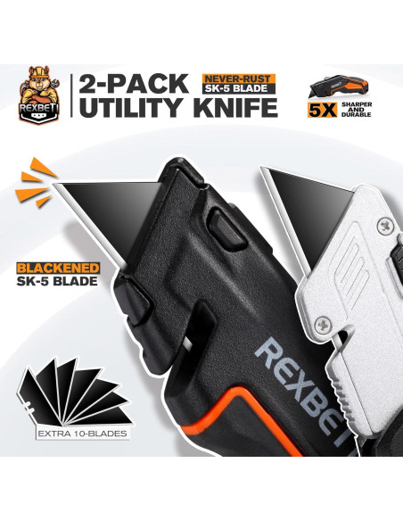 Cuchillo Utility REXBETI 2-Pack Retráctil con 18 Cuchillas