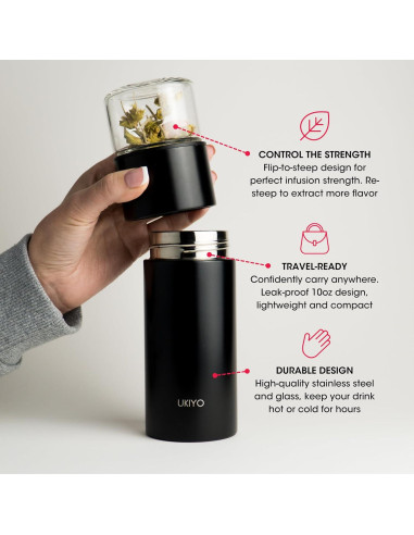 Botella Infusora de Té Ukiyo Steel 0.3L Acero Inoxidable y Vidrio