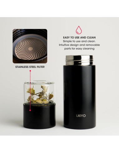 Botella Infusora de Té Ukiyo Steel 0.3L Acero Inoxidable y Vidrio