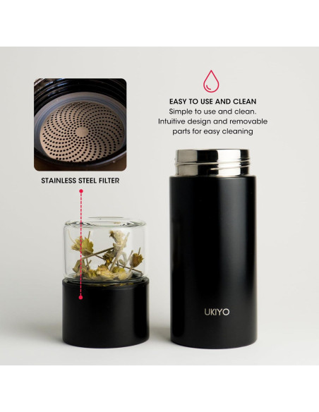 Botella Infusora de Té Ukiyo Steel 0.3L Acero Inoxidable y Vidrio