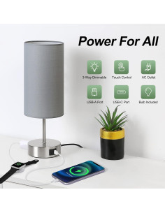 Lámpara de Mesita Yarra-Decor Gris con Carga USB y Control Táctil 2