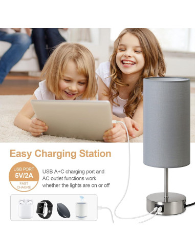 Lámpara de Mesita Yarra-Decor Gris con Carga USB y Control Táctil