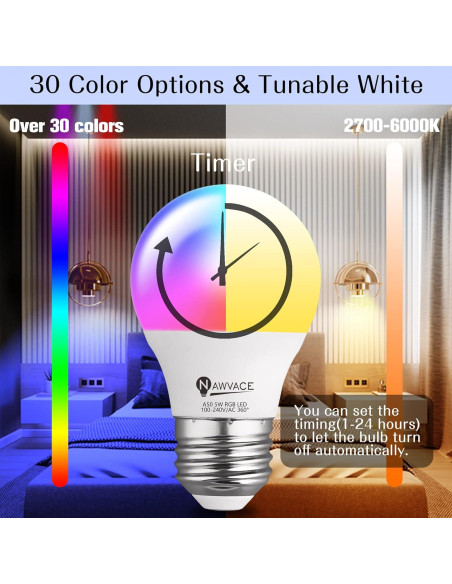 Bombilla LED RGB Nawvace 5W con control remoto, 30 colores