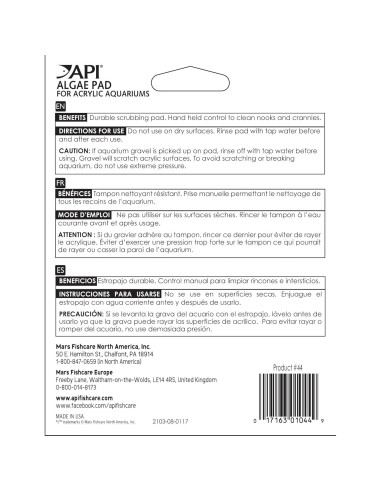 Almohadilla de Limpieza API para Acuarios Acrílicos 3.18x12.19cm