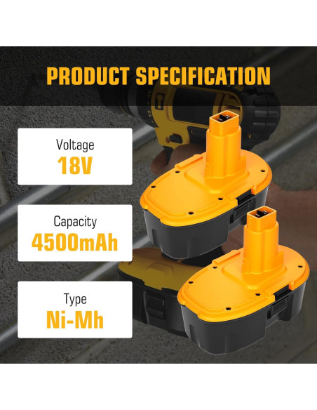 2 Baterías 4.5Ah Ni-Mh 18V Dewalt DC9096 Reemplazo