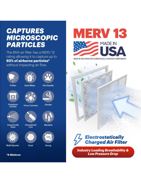 Filtro de Aire BNX MERV 13 10x10x1 (Paquete de 6) HECHO EN EE. UU.