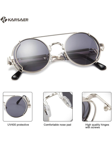 Gafas de sol Karsaer Steampunk Retro Redondas Metal Plata