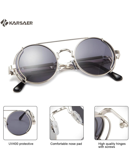 Gafas de sol Karsaer Steampunk Retro Redondas Metal Plata
