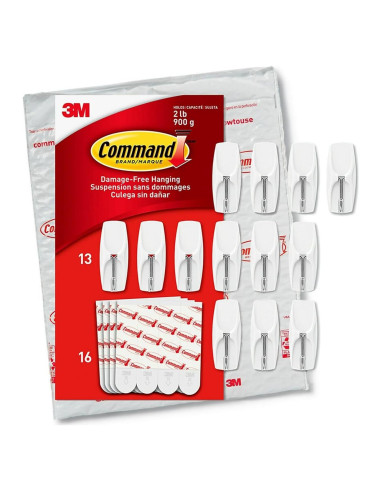 Ganchos de Alambre Medianos Command - 13 Ganchos y 16 Tiras Adhesivas Blancas