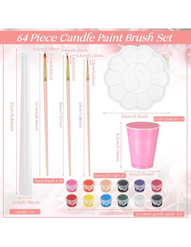 Kit de Pintura de Velas Resholder 64 Pcs - 16 Velas Blancas, 24 Pinceles, 96 Colores