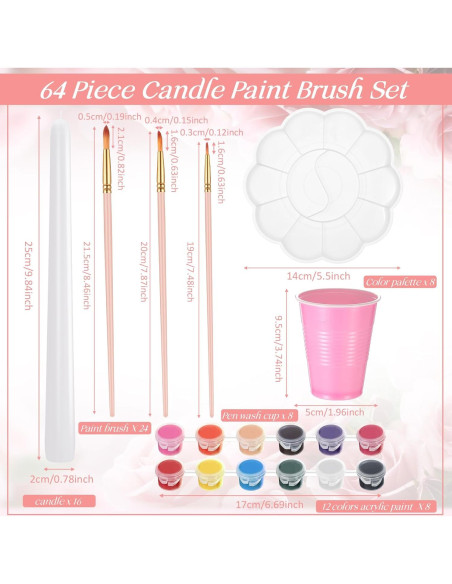 Kit de Pintura de Velas Resholder 64 Pcs - 16 Velas Blancas, 24 Pinceles, 96 Colores