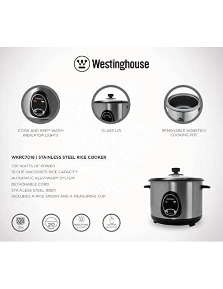 Cocedor de Arroz Westinghouse 10 Tazas 220V Acero Inoxidable 700W