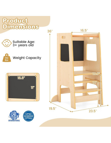 Torre de Aprendizaje para Niños Costzon, Altura Ajustable, Pizarra
